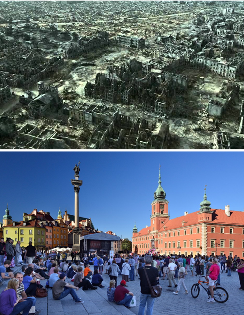 Ruinen von Warschau 1945 und Warschau heute